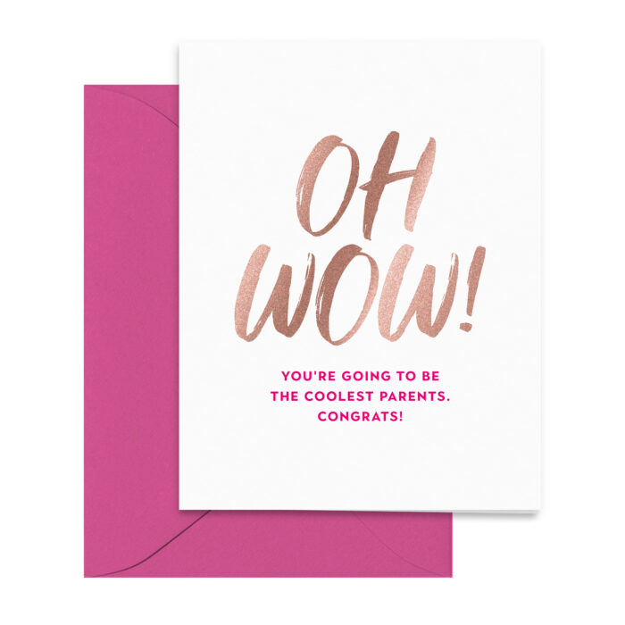 rose-gold-pink-oh-wow-congrats-new-parents-card-bold-modern-folded-greeting-card