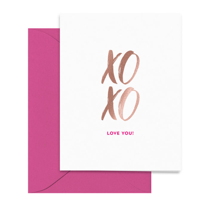valentines-day-rose-gold-pink-xoxo-love-you-freindship-romance-bold-modern-folded-greeting-card