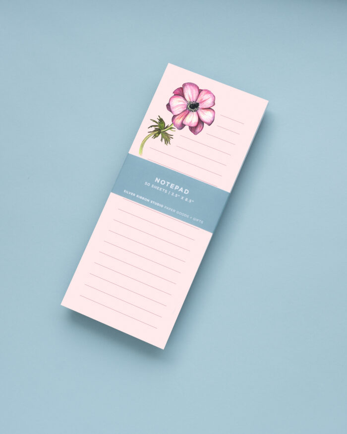 Notepad-anemone-flower-pink-lined-notesheets-gift-for-women-silver-ribbon-studio